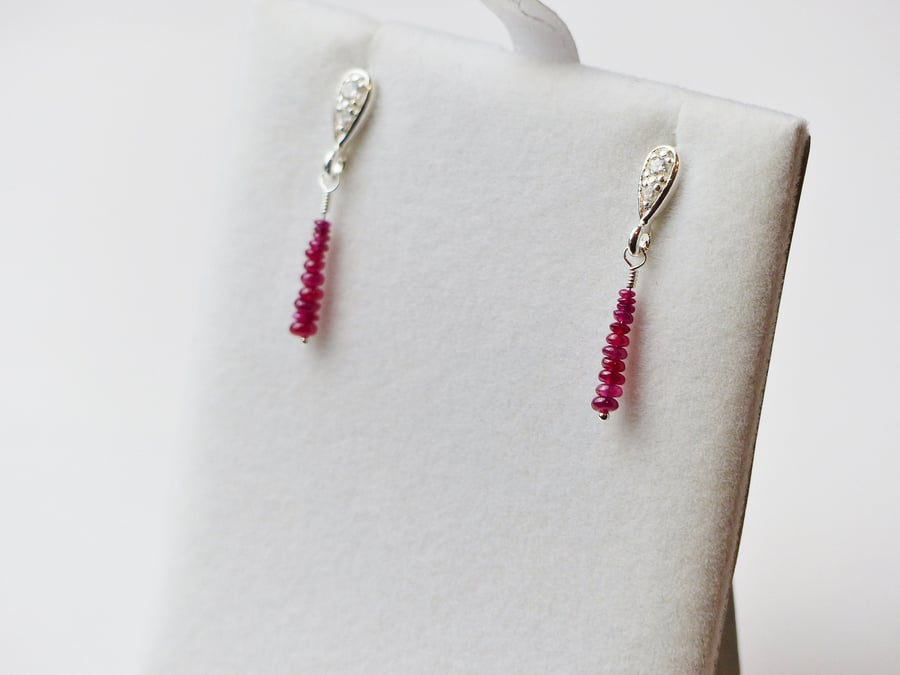 Dainty genuine Ruby bead bar drop earrings, sterling silver natural ruby studs
