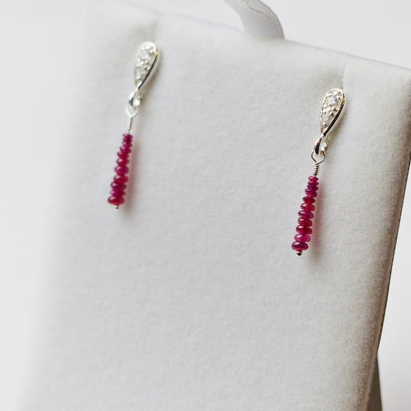Dainty genuine Ruby bead bar drop earrings, sterling silver natural ruby studs