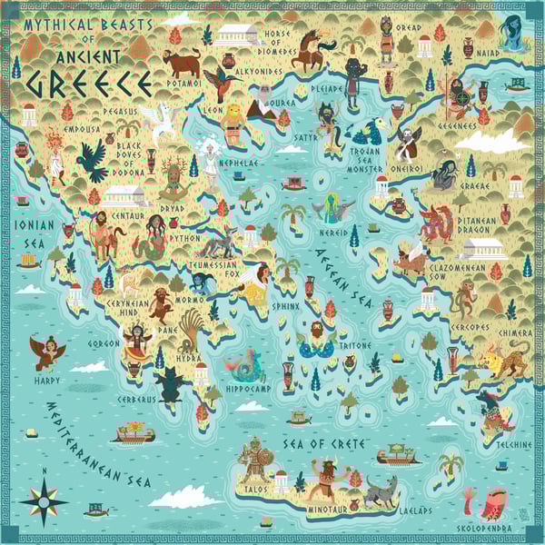 Illustrated Map, Mythical Beasts of Ancient Greece, Art Print -Poster