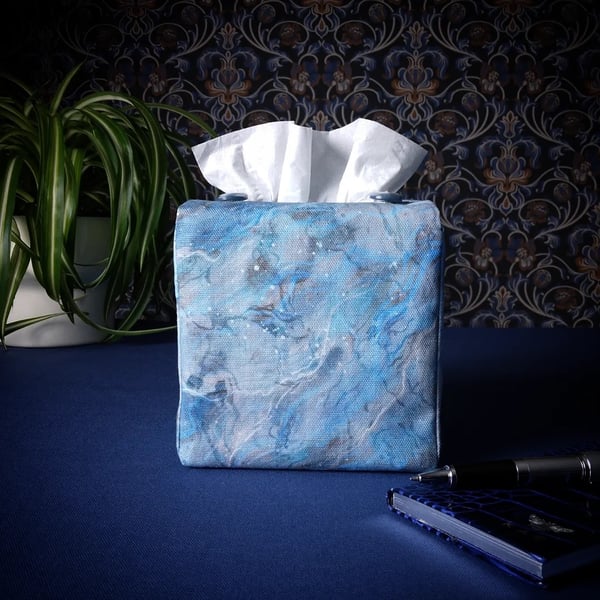 Square Tissue Box Cover - Light Blue Nebula Print