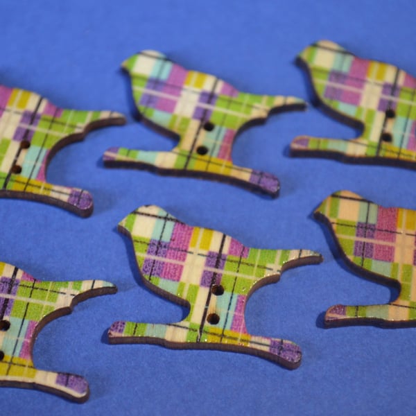 Wooden Bird Buttons Retro Green Purple Tartan 6pk 30x20mm (BD24)