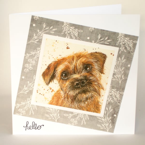 Hello handmade card featuring image of Border Terrier
