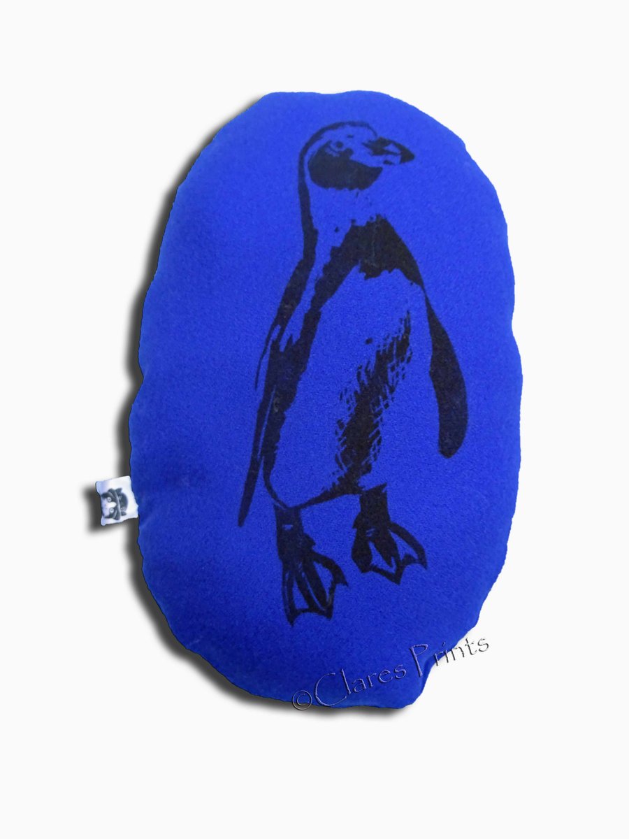 Sale Penguin Stuffie Blue Cushion Hand Printed Linocut Handmade