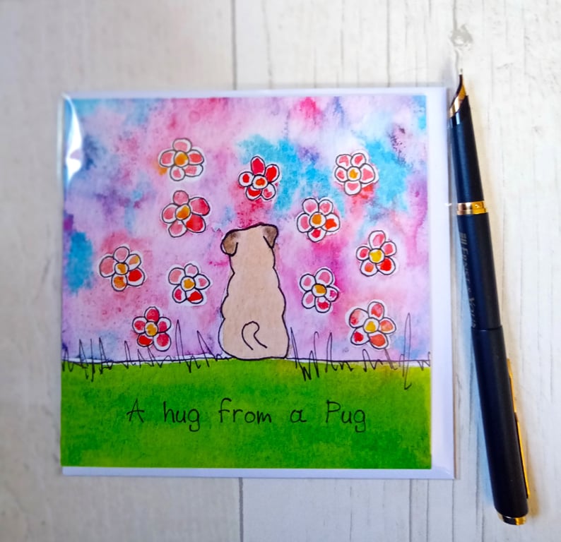 Pug card. A hug from a Pug card. Birthday card. Dog card. Printed card