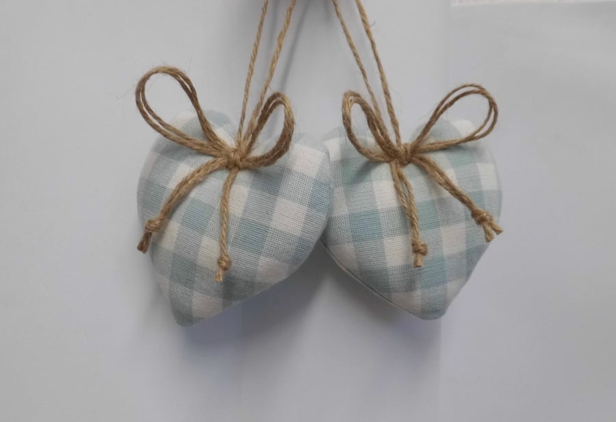 Pair hanging hearts Laura Ashley duck egg blue and white check