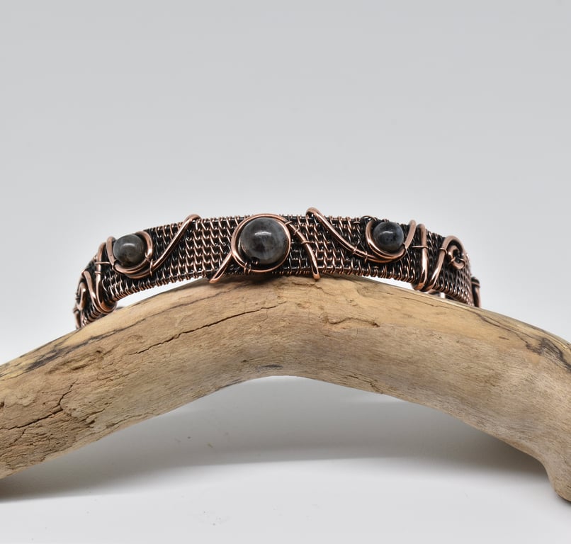 Lavakite and Copper Wire Wrapped and Woven Cuff Style Bracelet