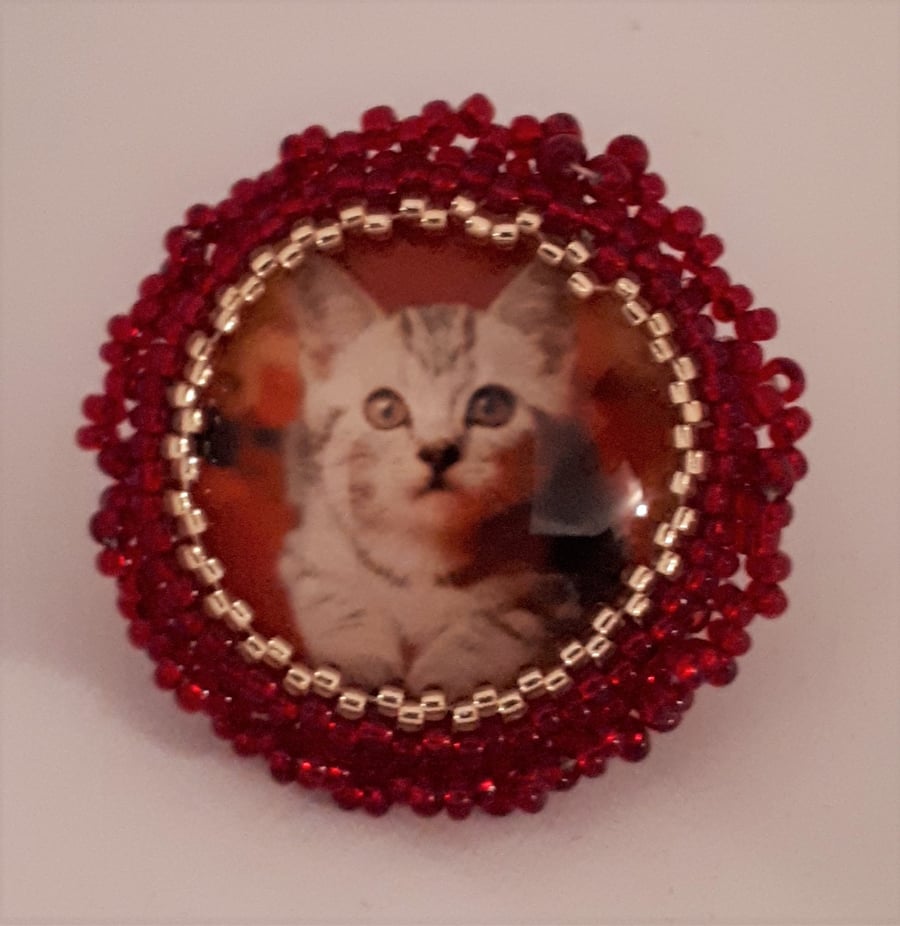 Tabby kitten brooch - red