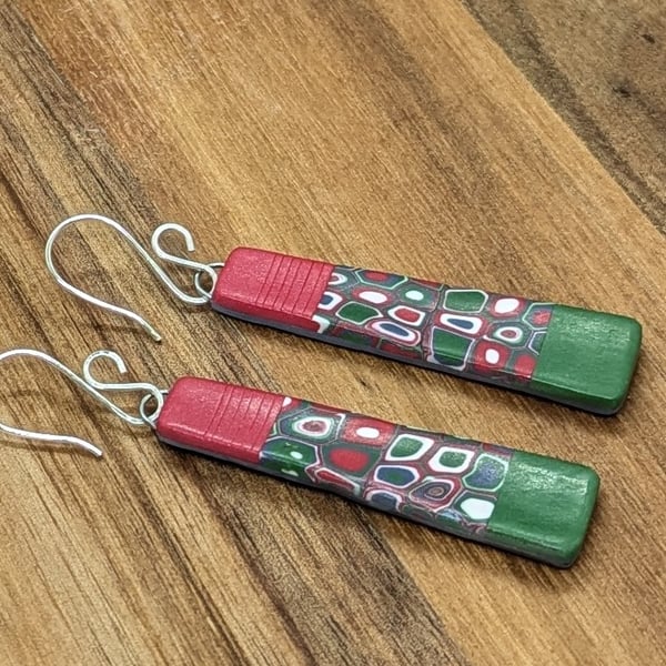 Red and green patterned earrings