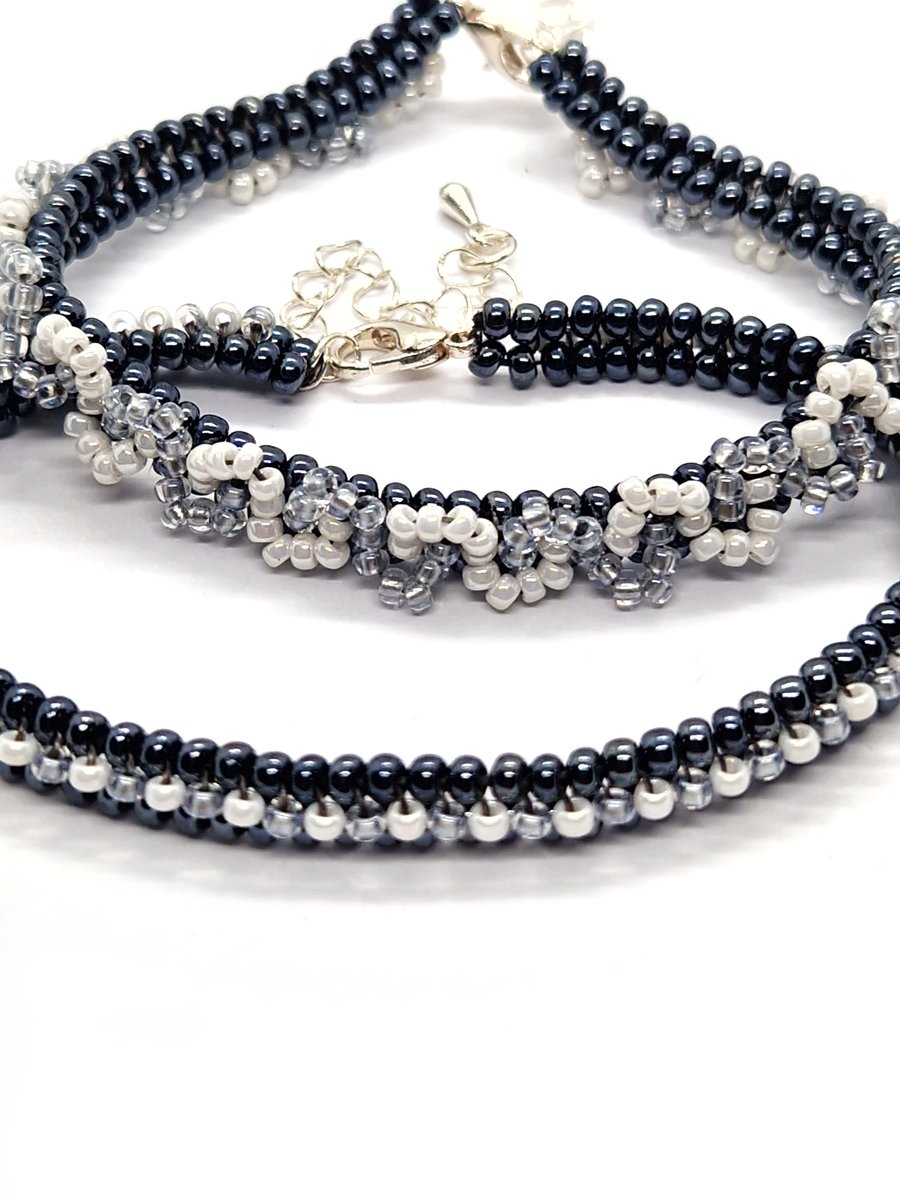 Steel grey white and silver beaded tennis bracelet set
