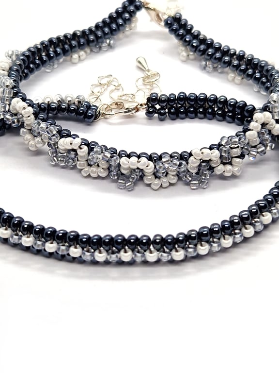 Steel grey white and silver beaded tennis bracelet set