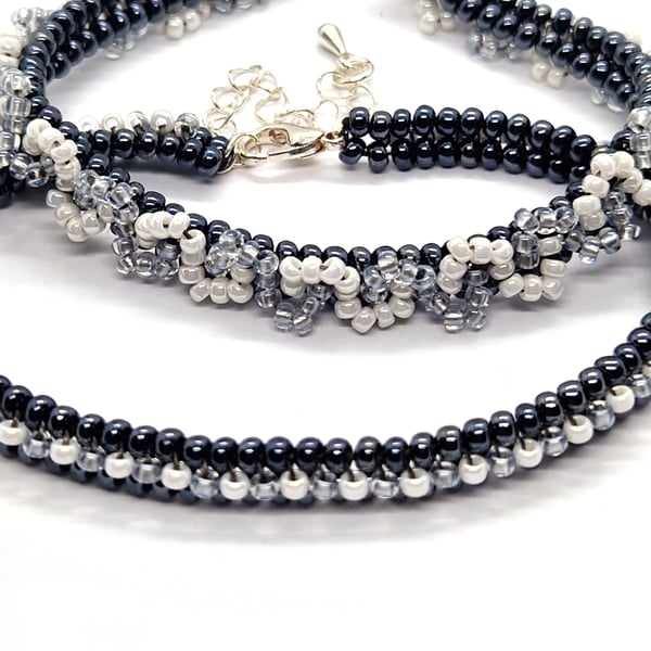 Steel grey white and silver beaded tennis bracelet set