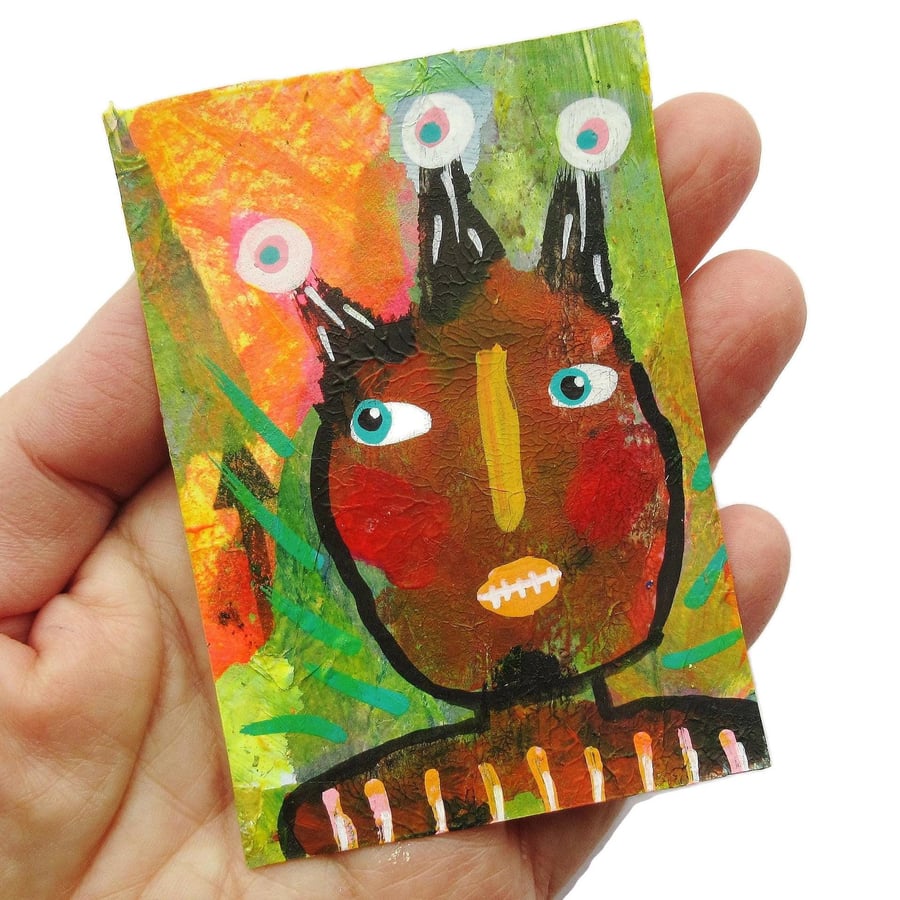 Folk Outsider Art Portrait ACEO ATC Tiny Painting Weird Surreal Expressionist 