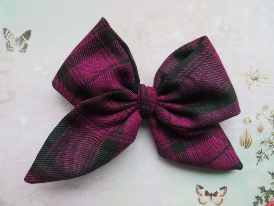 Magenta Green & Black Tartan Plaid Hair Bow