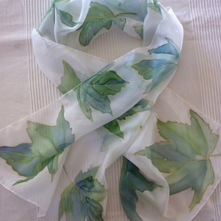 Green Leaves Hand painted Silk Scarf