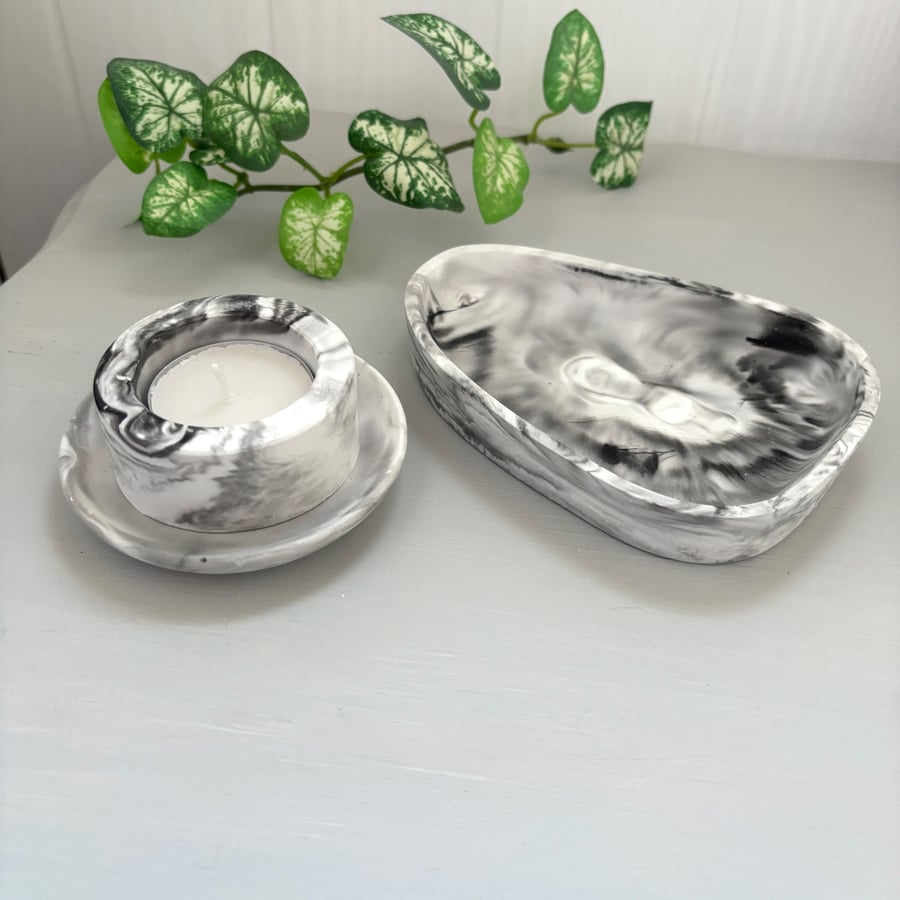 Grey & White Marble Handmade Tray and Tea light Holder Set