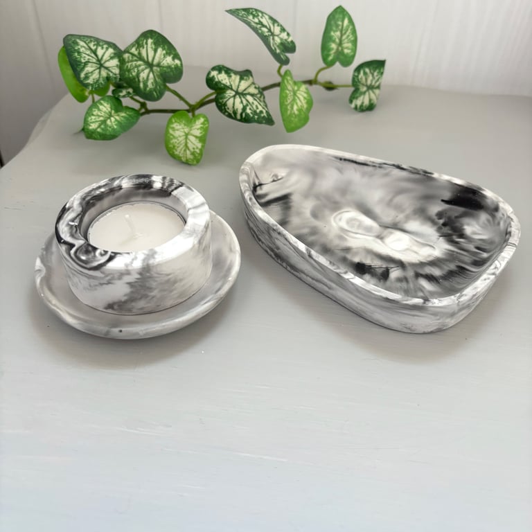 Grey & White Marble Handmade Tray and Tea light Holder Set