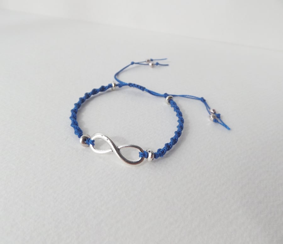 Silver Infinity Bracelet. macramé cord, adjustable delicate and dainty.