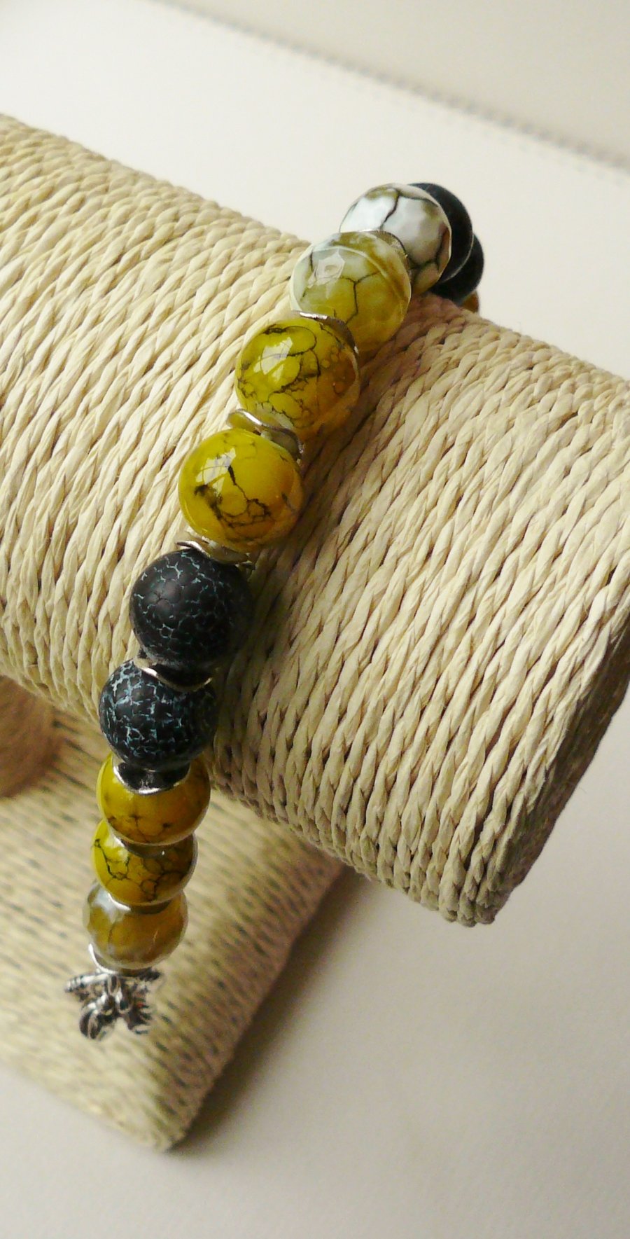 Black Frosted Cracked and Yellow Fire Agate Bracelet   KCJ729