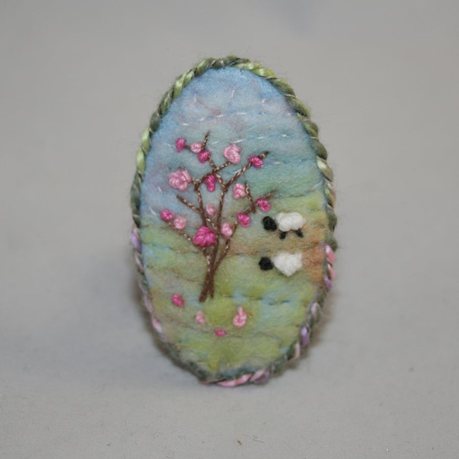 Embroidered Felted Spring Blossom Brooch - Hillside and Sheep