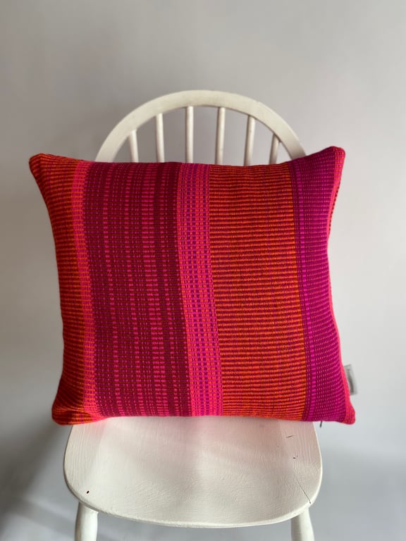 August 4 : Hand woven wool cushion, designed and made by Yvonne Skelton