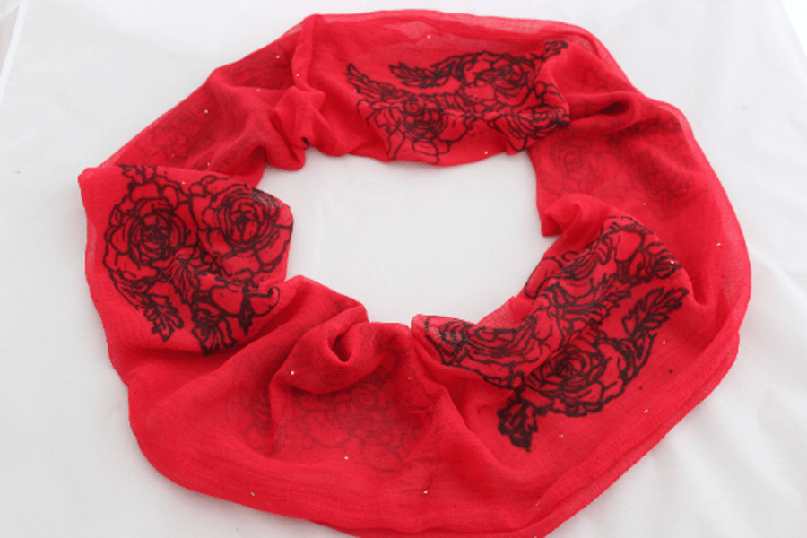  Red infinity scarf,handmade bold floral black rose print, Sunday Seconds, gift