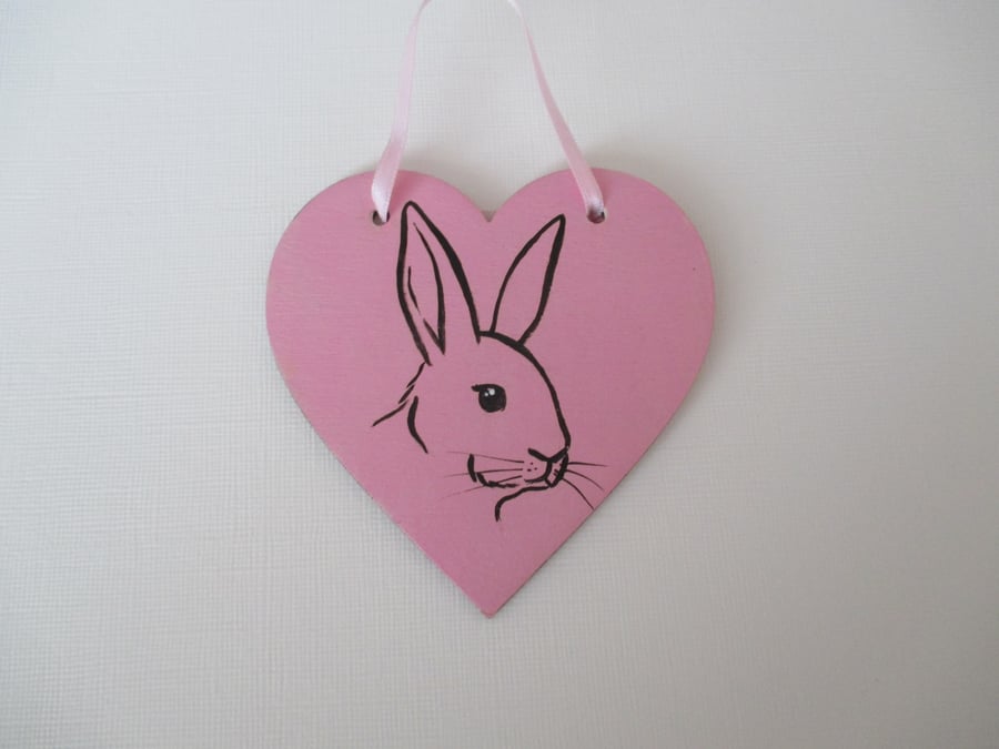 Bunny Rabbit Line Painting Small Wooden Decorative Hanging Love Heart