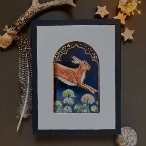 Perfectly Imperfect Hand Embellished 23 Carot Gold Leaf Leaping Hare Print 