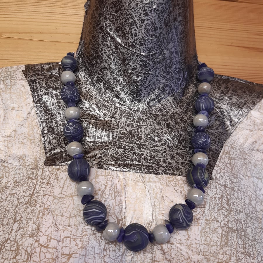 Elegant navy, sage and cream polymer clay necklace