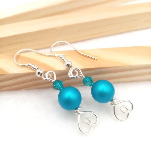 Austrian Crystal Pearl Earrings in Dark Turquoise - Turquoise Pearl