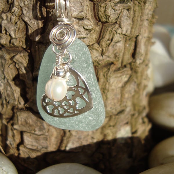 Genuine Sea Glass Pendant and Sterling Silver Filigree Heart & Freshwater Pearl