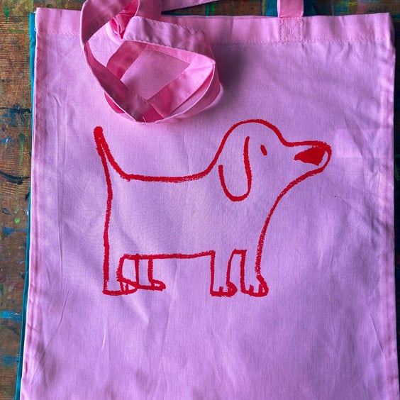 Cute Pale Pink  tote bag with RED dog motif by Jo Brown Happy Tomato