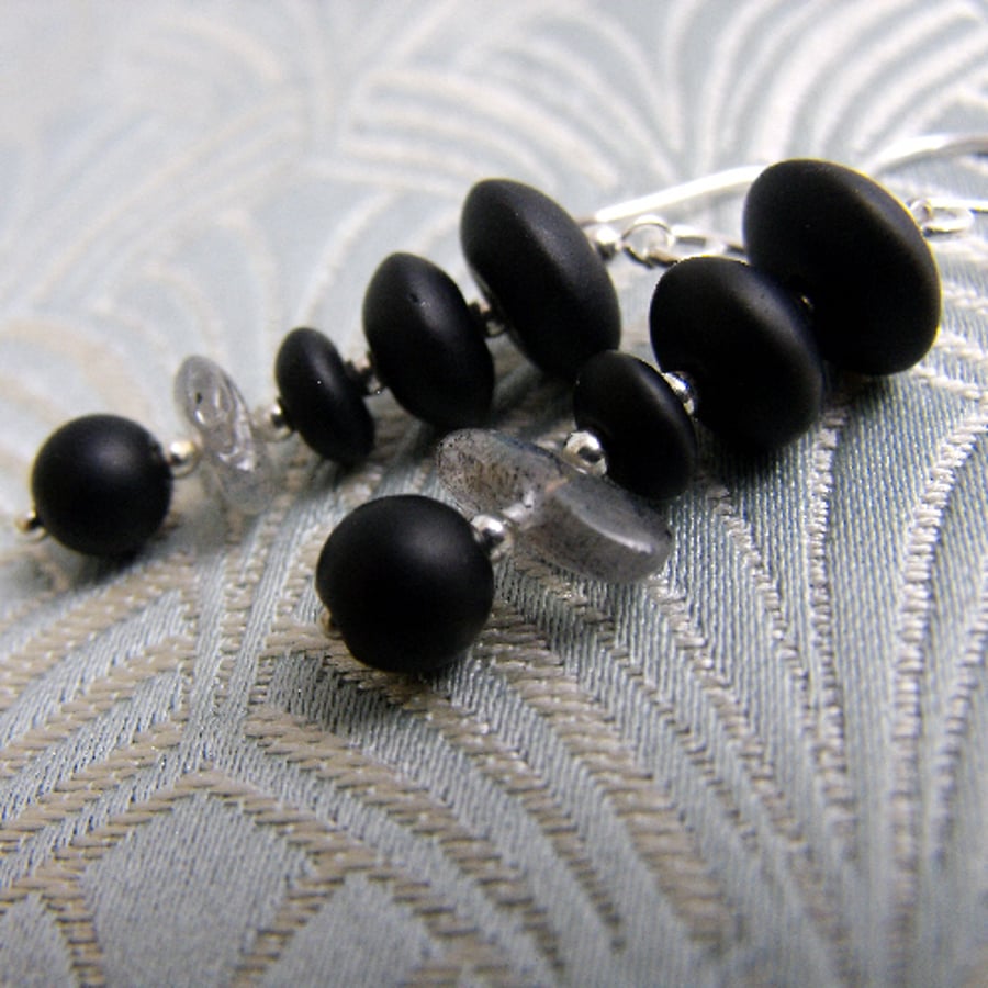 Grey & Black Earrings, Grey Black Gemstone Dangle Earrings, Dangle Earrings CC72