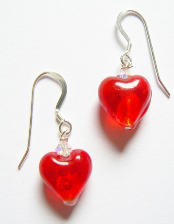Red Venetian Glass Heart Drop Earrings with Swarovski Crystals