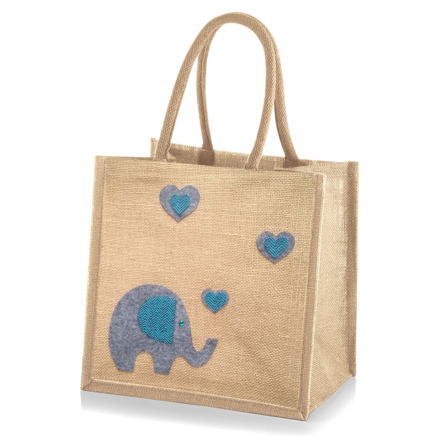Medium Sized Jute Hessian Natural Shopping Bag with Elephant in Love Design