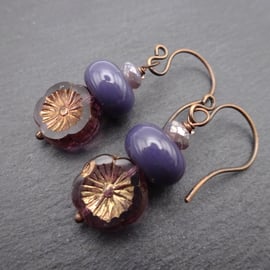 copper earrings, purple flowers