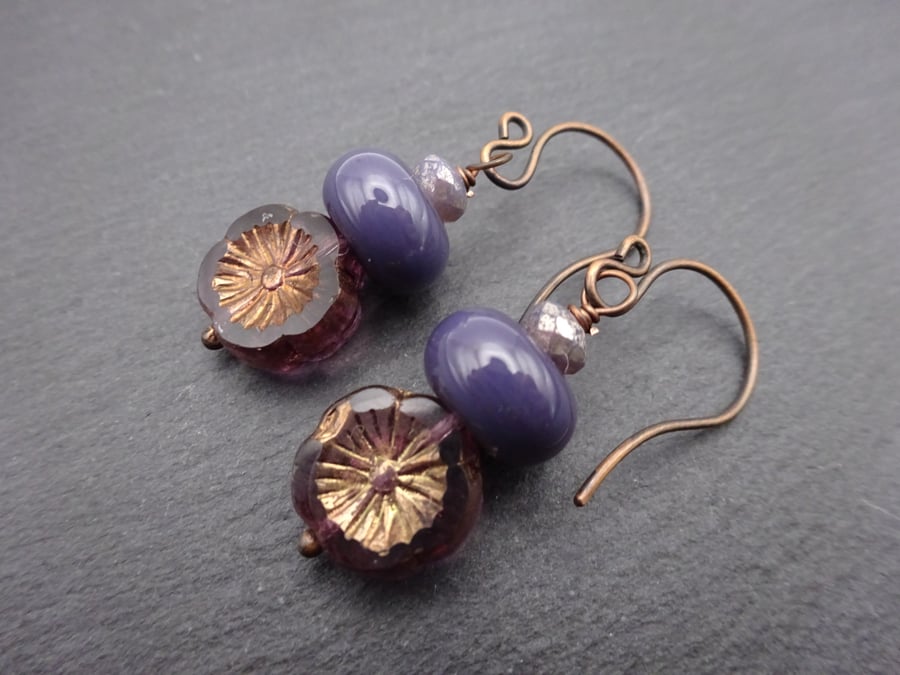 copper earrings, purple flowers