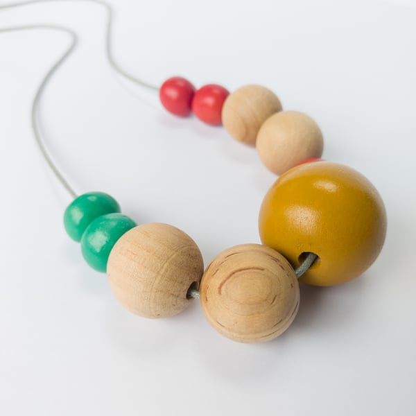 Ellie - Red, green mustard and natural coloured beaded adjustable necklace