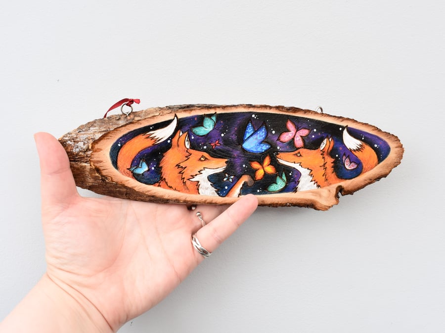 SALE Celestial foxes and butterflies, pyrography wooden plaque, new home.