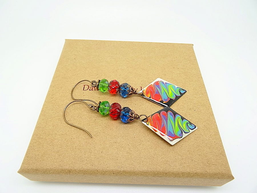 Enamel Earrings, Czech Glass Earrings, Colourful Earrings. Handmade Earrings, 