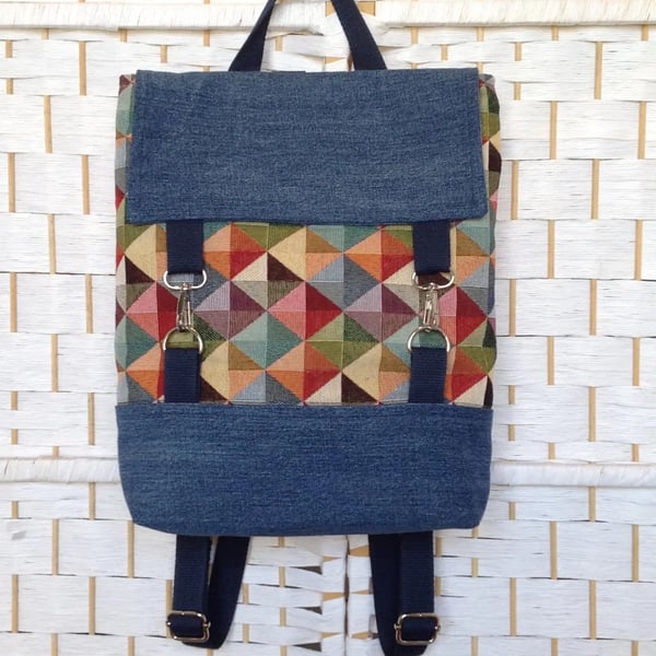 Tapestry and denim backpack, women's handmade bag, travel bag