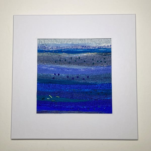 Abstract textile art, needle felted silk and wool, study in blue