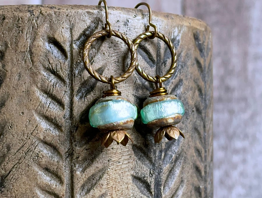 Artisan Lampwork Earrings. Aqua Green Earrings. Brass Earrings. One of a Kind