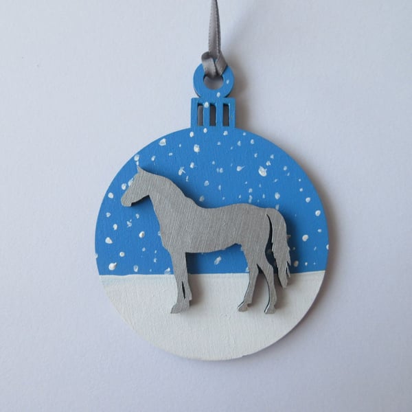 Horse Christmas Bauble Decoration Silver Blue Tree Hanging Snow Winter Scene