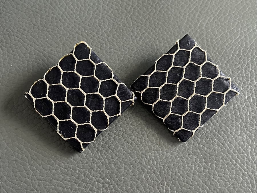 Handcrafted Black Leather Geometric Earrings - Honeycomb Pattern Studs
