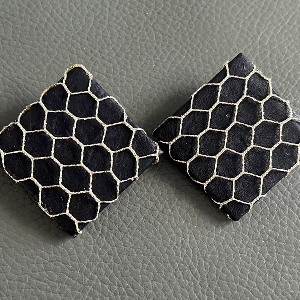 Handcrafted Black Leather Geometric Earrings - Honeycomb Pattern Studs