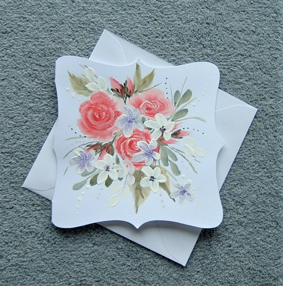 hand painted pink roses all occasion greetings card ( ref F 227 )