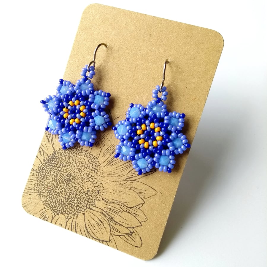 Mandala Style Crystal Earrings in Purple and Cornflower Blue