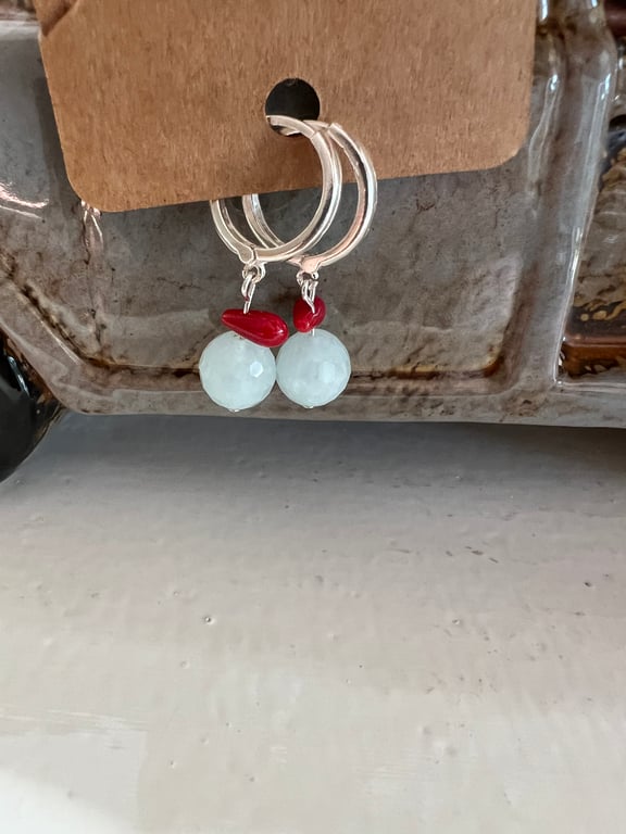 Aquamarine,coral drop earrings 