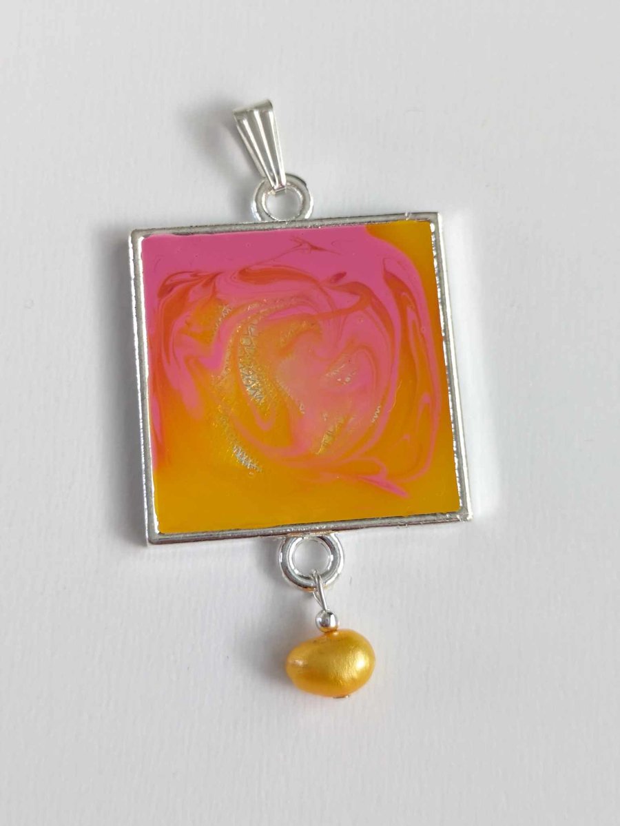 Square Resin Pendant With Pink & Yellow