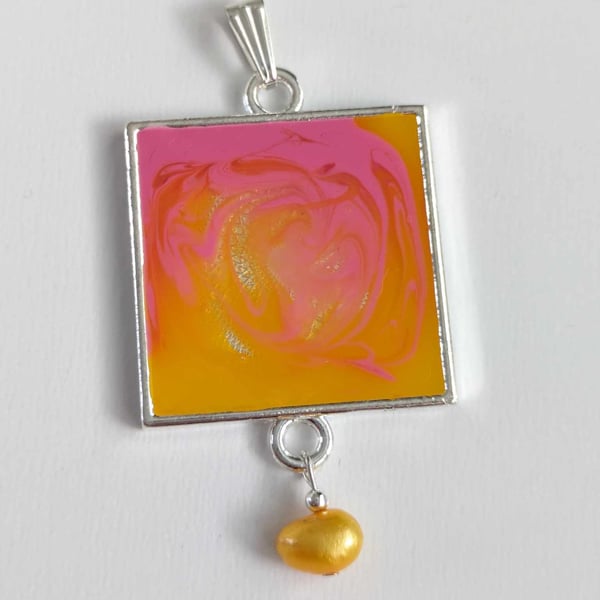 Square Resin Pendant With Pink & Yellow